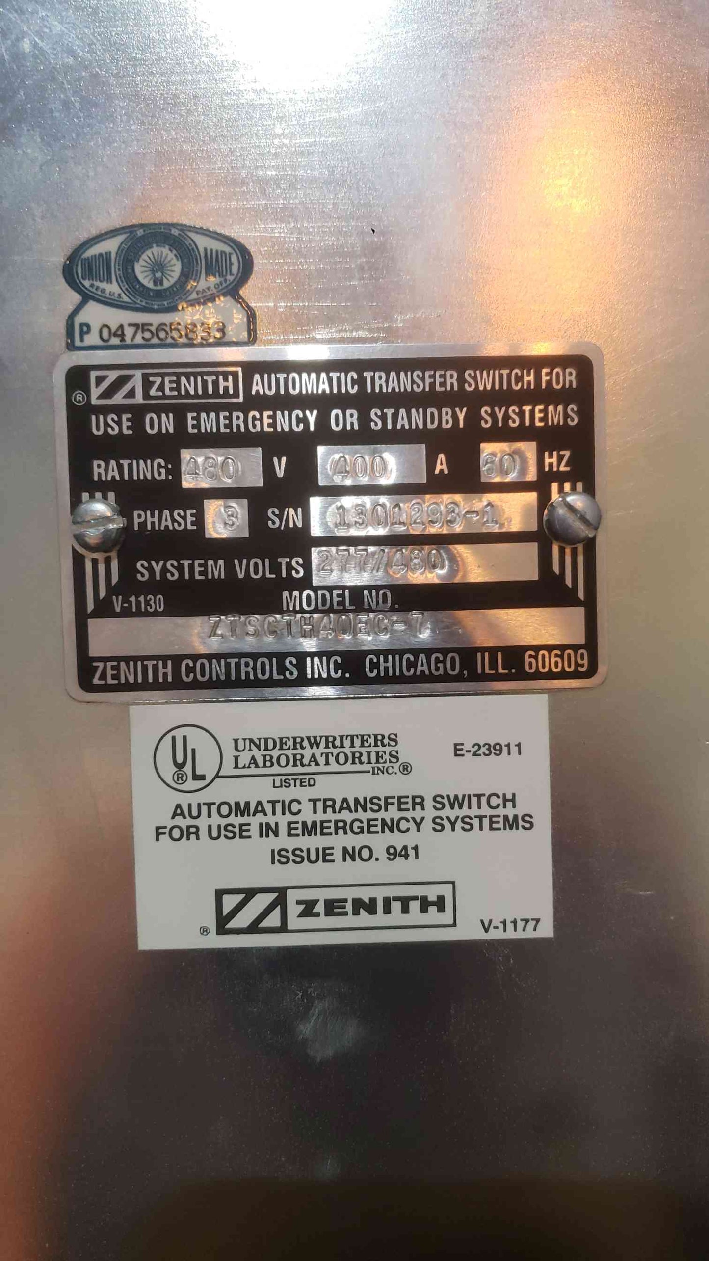 Zenith ZTSCTH40EC-7 Automatic Transfer Switch 400A 480V 3PH 400 Amp Generator ATS