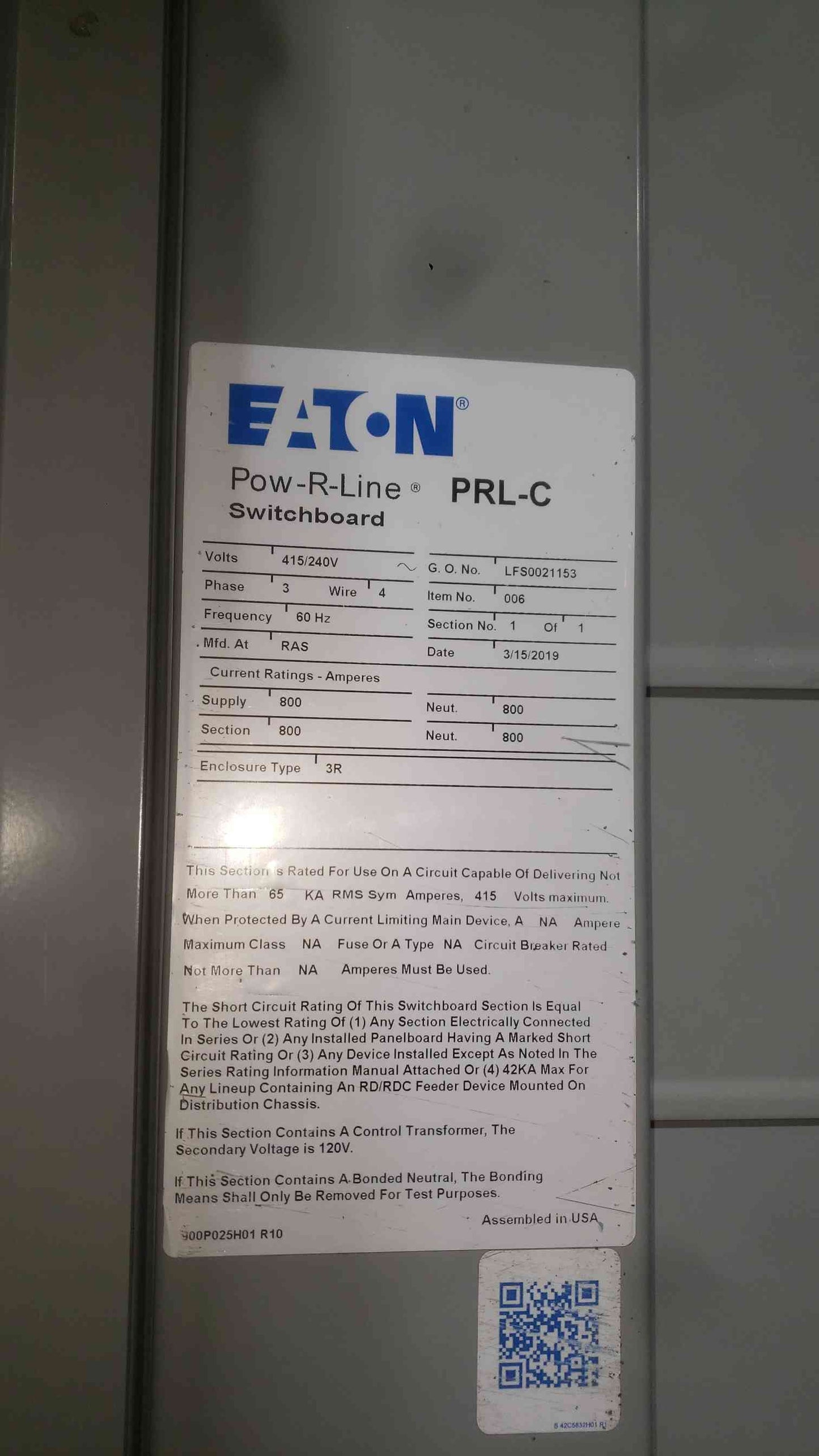 Eaton Pow-R-Line PRL-C 800A Switchboard NEMA 3R 415/240V L630H-C Breaker Panel