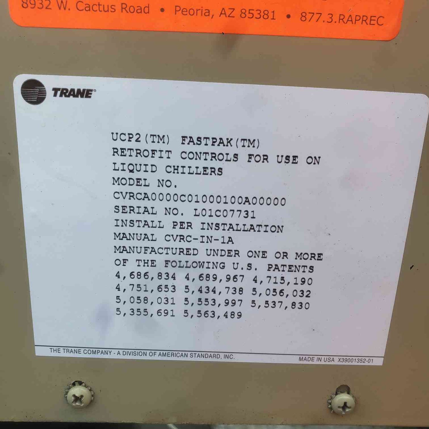 Trane CVHE-032F 320 Ton Centrifugal Chiller 460V R-123 UCP2 FastPak Panel