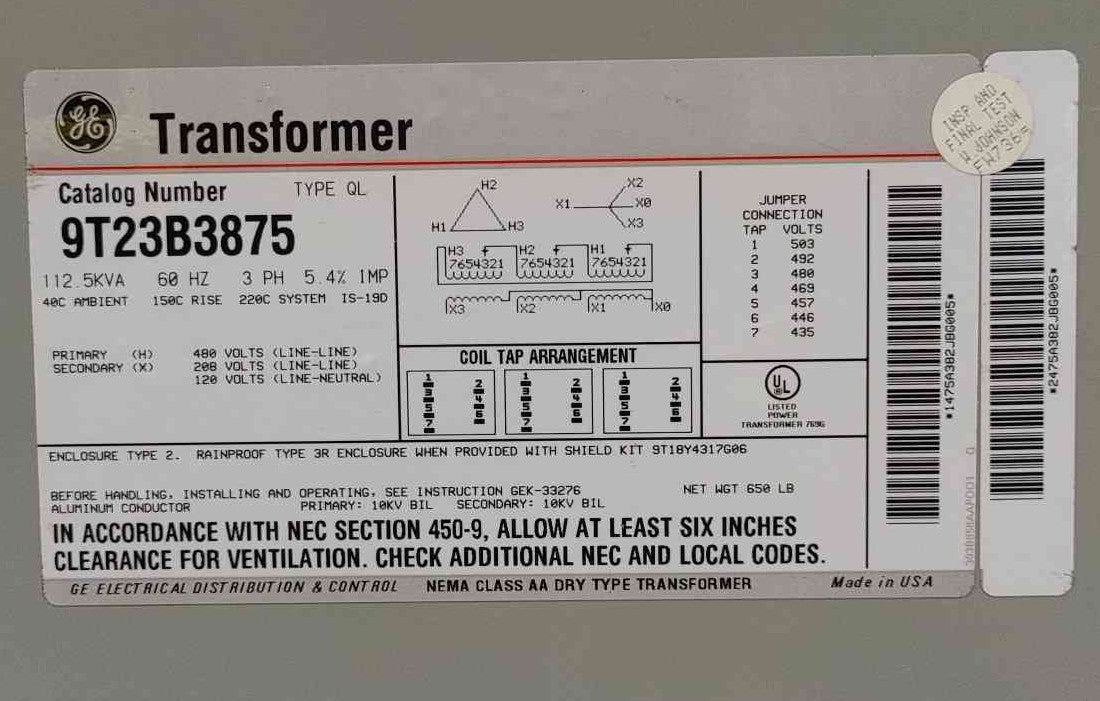 GE 112.5 KVA Transformer 9T23B3875 3 Phase 480V to 208Y/120V Dry Type Type QL