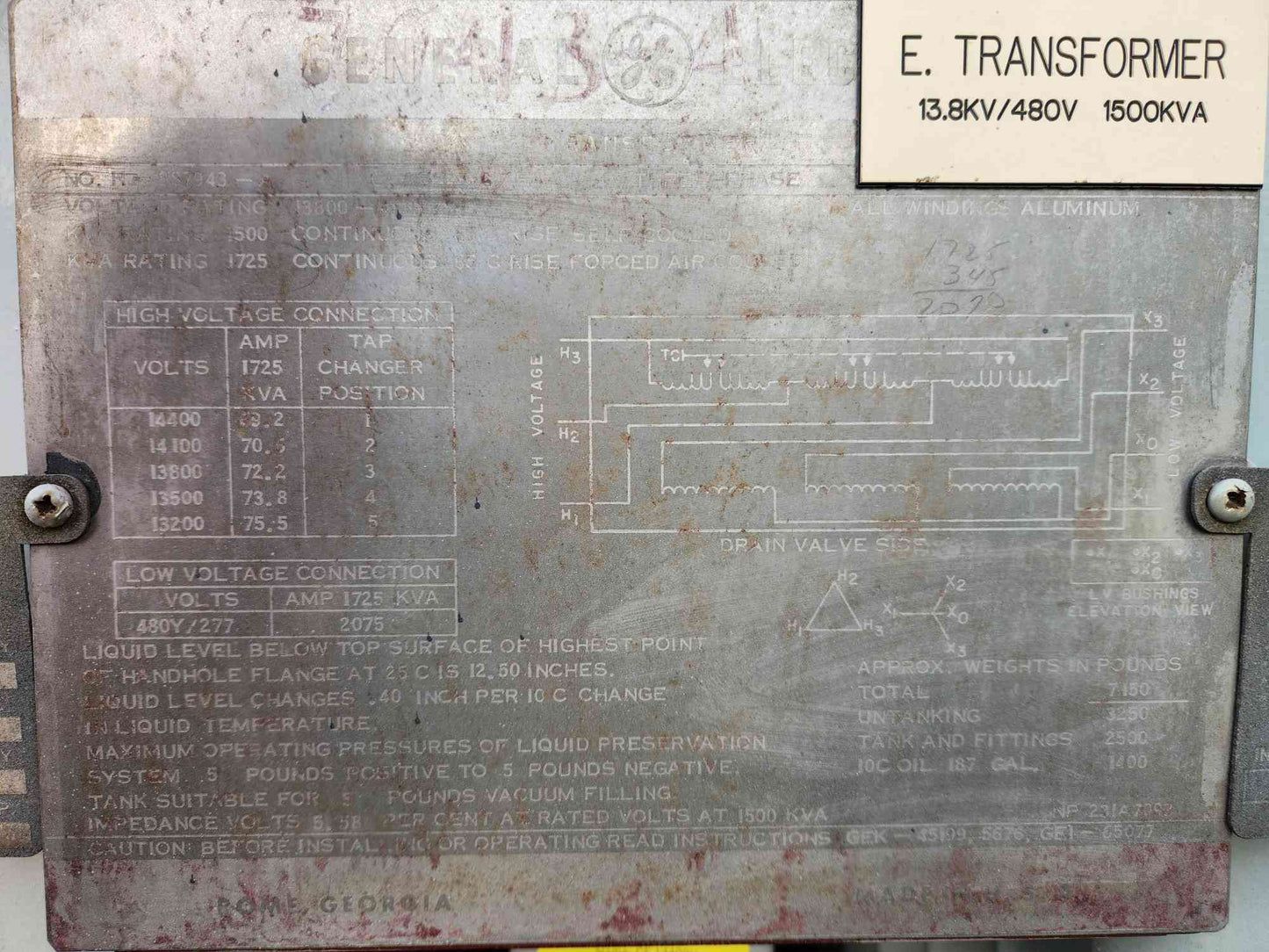 GE 1500 kVA Substation Transformer 13800V to 480Y/277V 3 Phase 1725 kVA Liquid