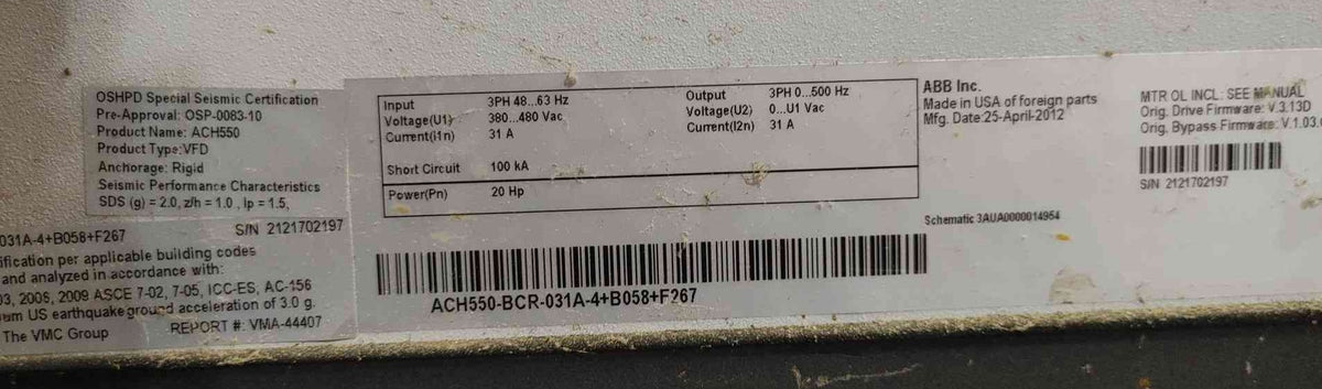 ABB ACH550-BCR-031A-4 20 HP VFD Drive 480V 31A Contactor Bypass NEMA 12 Enclosure