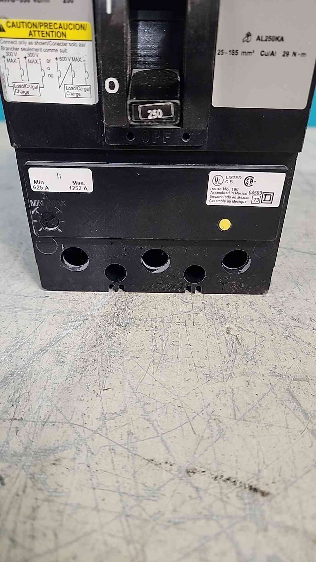 Square D KA36250 250A 3 Pole Circuit Breaker 600V KA Frame 500 VDC AL250KA Lugs