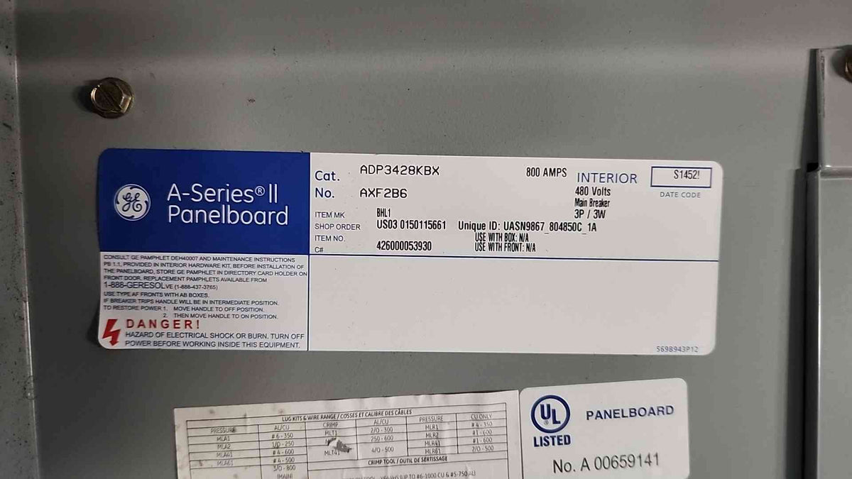 GE A-Series II Panelboard ADP3428KBX 800A 480V 3PH 3W Loaded Circuit Breakers
