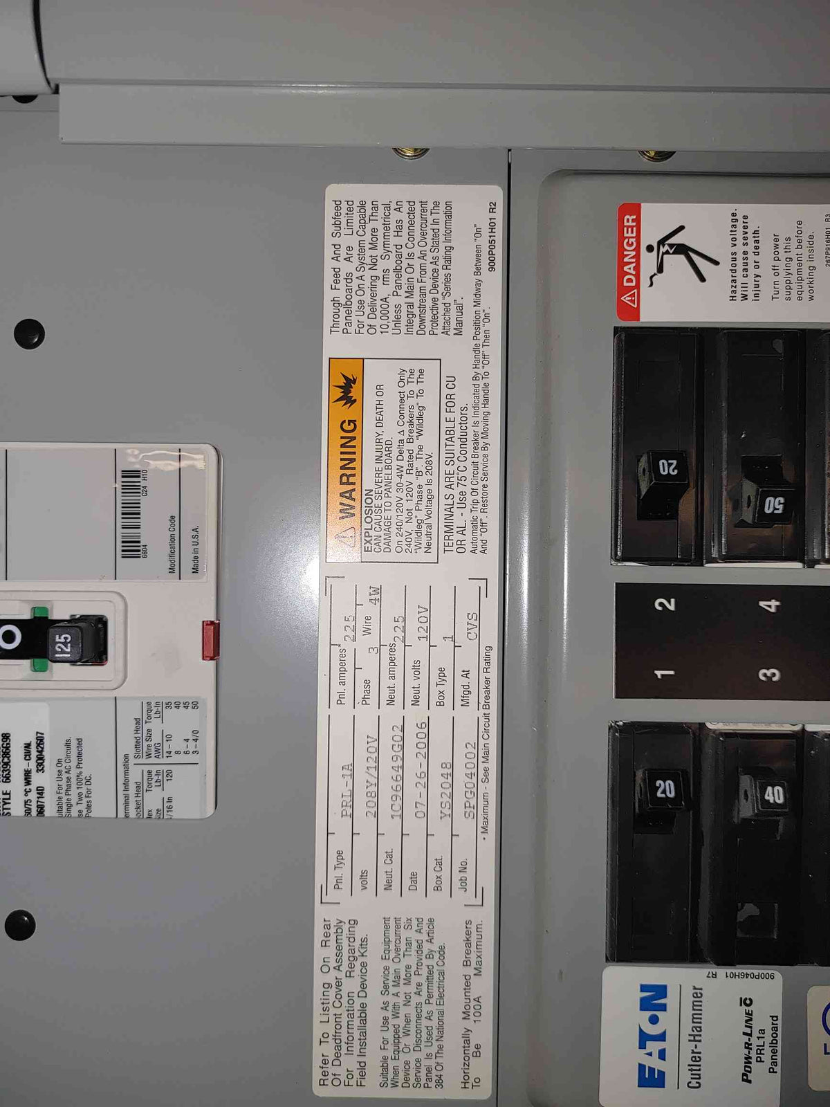 Eaton Cutler-Hammer PRL1a Panelboard 225A 208Y/120V 3PH Loaded W Breakers 125A