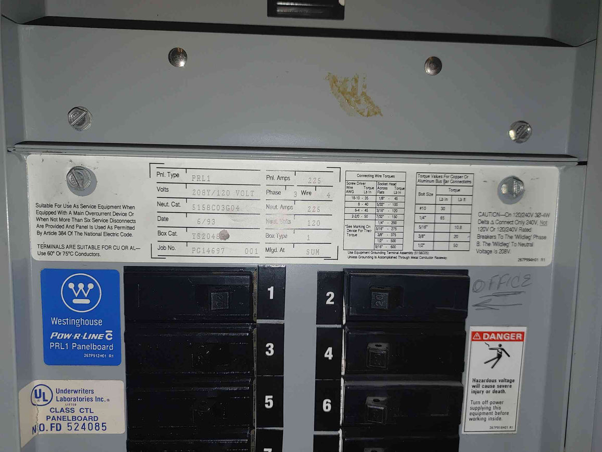 Westinghouse Pow-R-Line PRL1 225A 208Y/120V 3PH 42 CKT Panelboard W Breakers