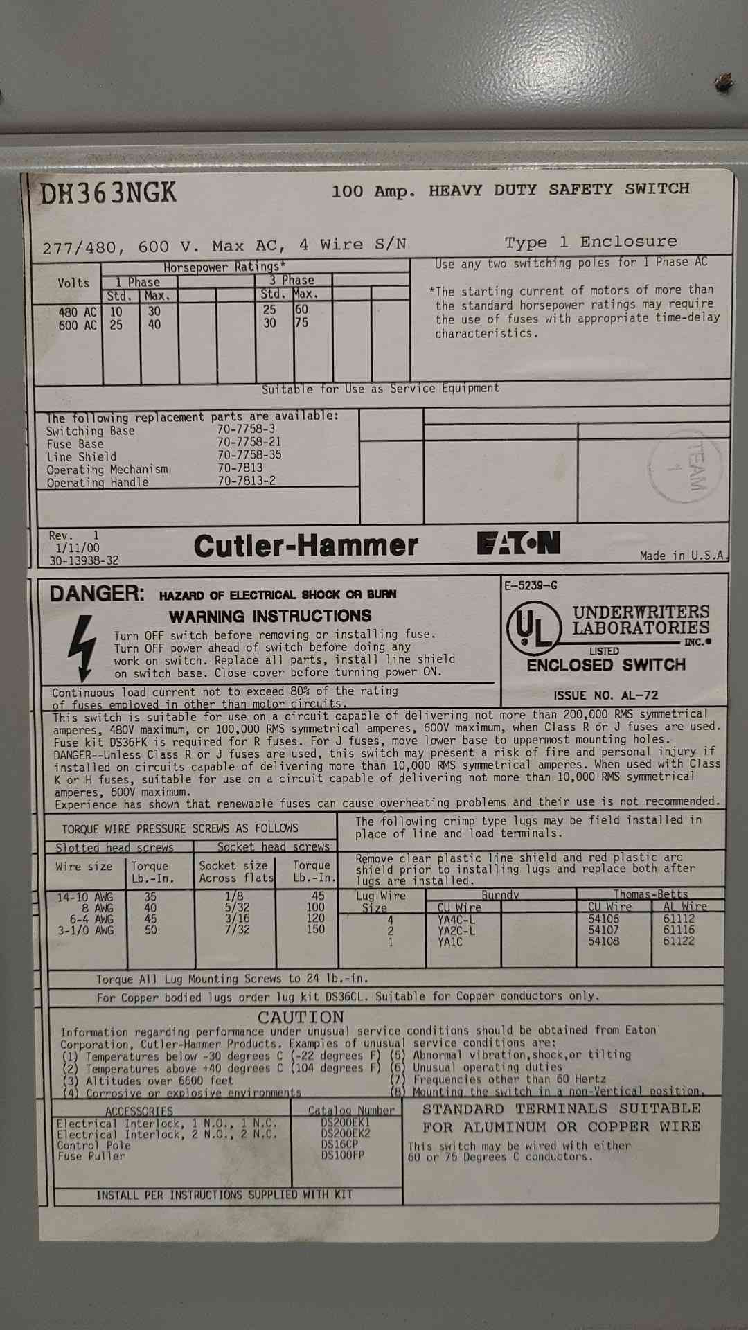 Cutler-Hammer Eaton DH363NGK 100A 600V 3P Fusible Safety Switch Disconnect Fused