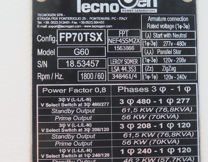 2018 Tecno-Gen FP70TSX G60 61 kW Mobile Towable Soundproof Generator 7837 Hrs - GTCH1006