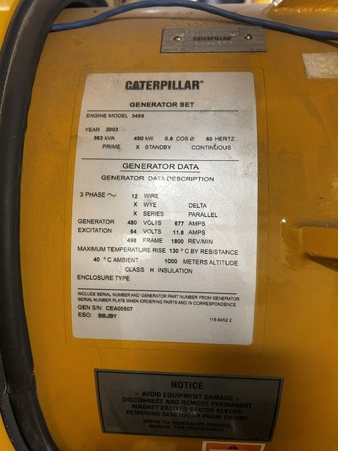Caterpillar 3412 600 kW Diesel Generator Set 480V Standby Low Hours Base Tank