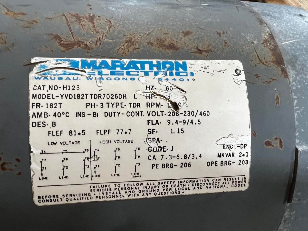 Marathon Electric, 3 Phase, AC Motor, 3 HP, 1740 RPM, Used DSLP1050