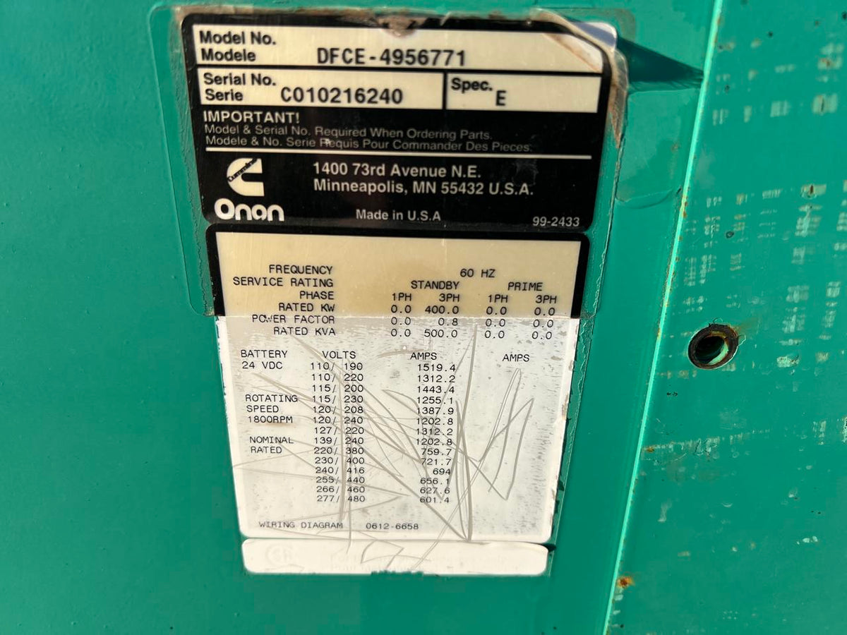 400 kW Onan/Cummins Gen End with Controller and Braker, 129 Hours, Year – 2001