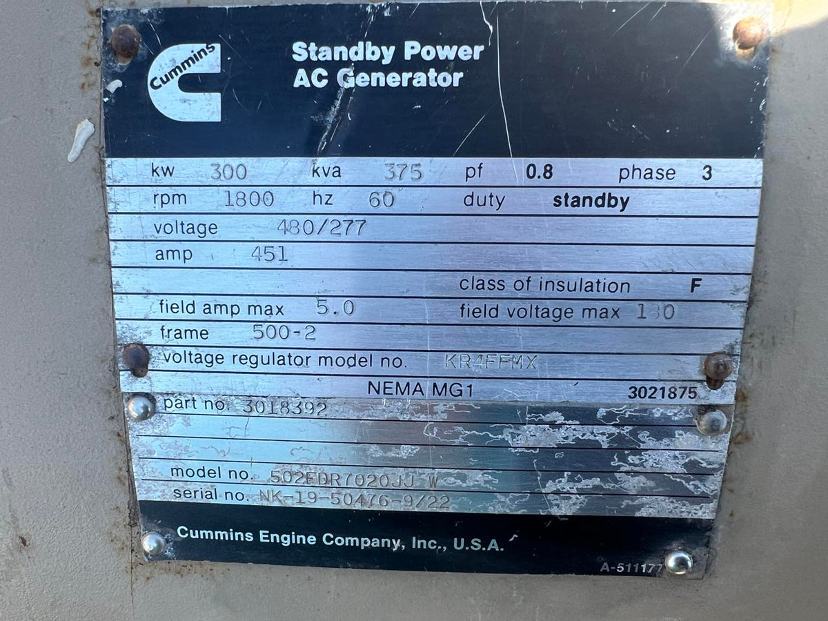 Cummins Marathon Gen End, 300 kW, Year – 1987