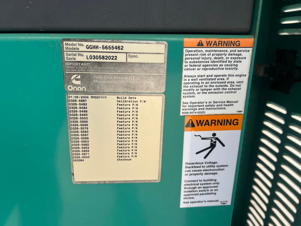 100 kW Cummins/Onan Generator, with Sound Attenuated, Enclosure, 6.8 Liter Ford Engine, Year – 2003, 409 Hours, Natural Gas or Propane