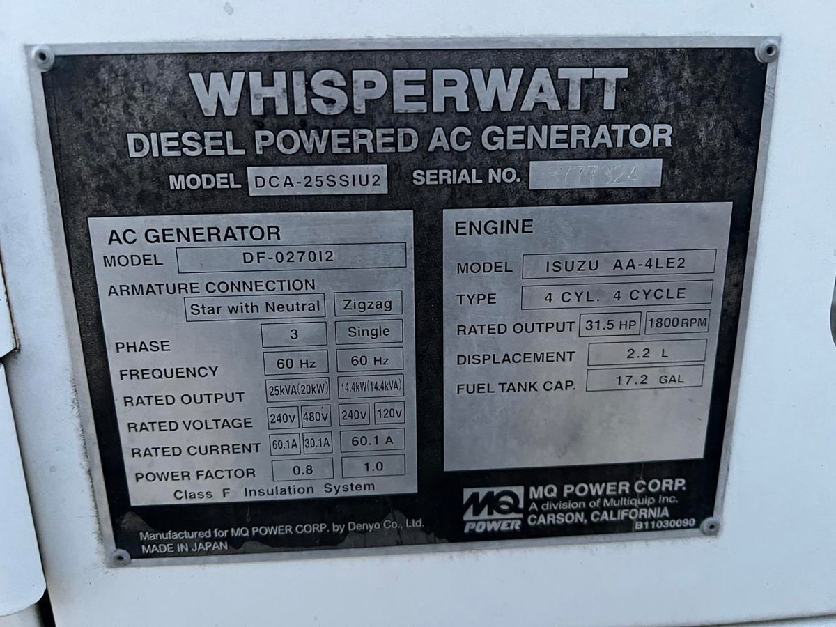 25 kW MQ Power Portable Rental Grade Generator, Isuzu Engine, Year – 2005, Sound Attenuated Enclosure, with Voltage Selector Switch