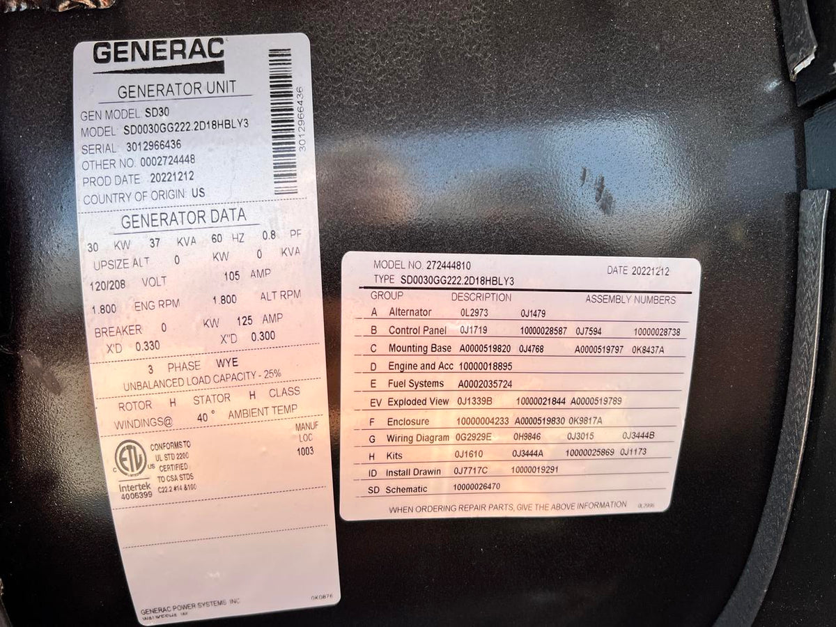 30 kW Generac New Surplus Generator, with Sound Attenuated Enclosure and Base Fuel Tank, 404 Perkins Engine, Year – 2022
