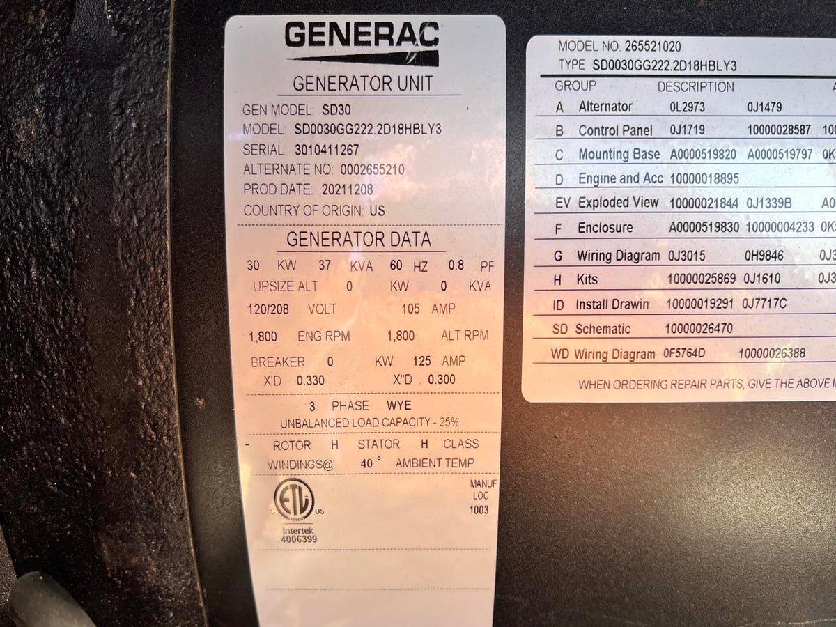 30 kW New Surplus Generac Generator, with Sound Enclosure and Base Fuel Tank, 404 Perkins Engine, Year – 2021