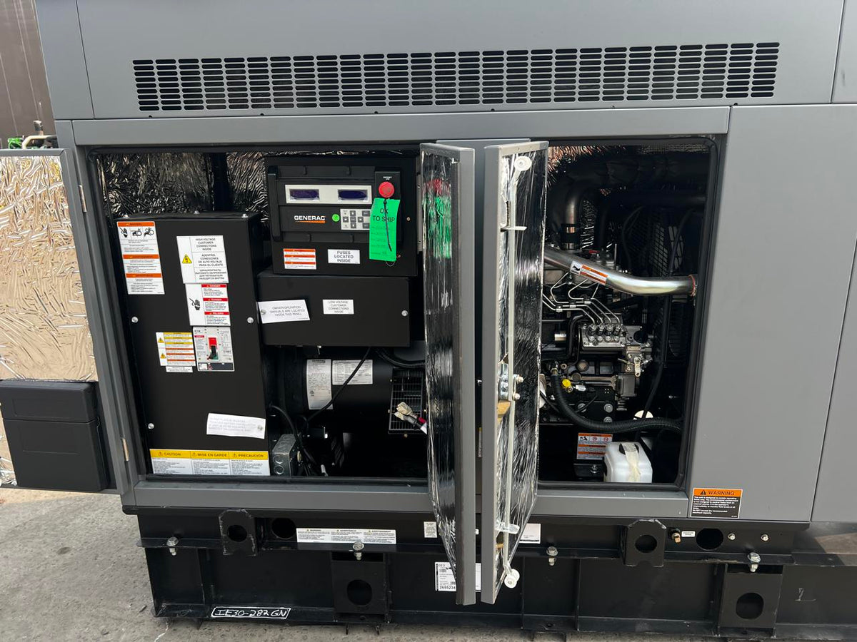 30 kW Generac Generator with Sound Attenuated Enclosure and Base Fuel Tank, Perkins Engine, Year – 2021, New Surplus, Pre Emissions