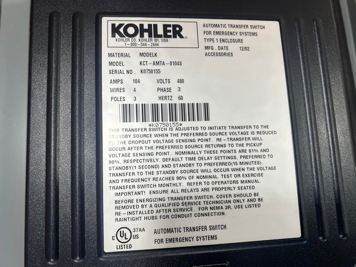 Kohler 104 Amp/480 Volt Automatic Transfer Switch, Year – 2002