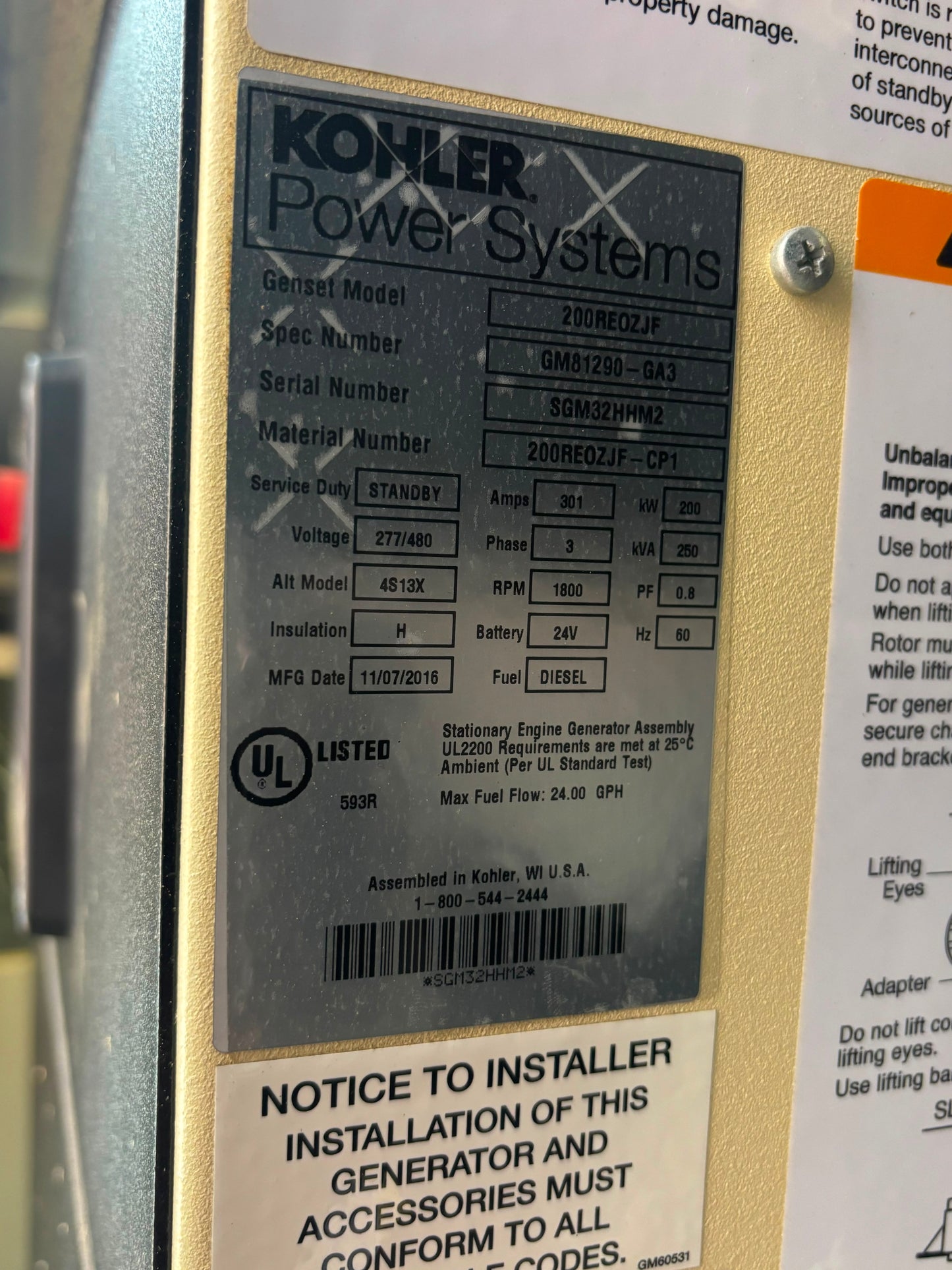 Kohler 200REOZJF 200 kW Diesel Generator 3 Phase 480V John Deere Sound Enclosure