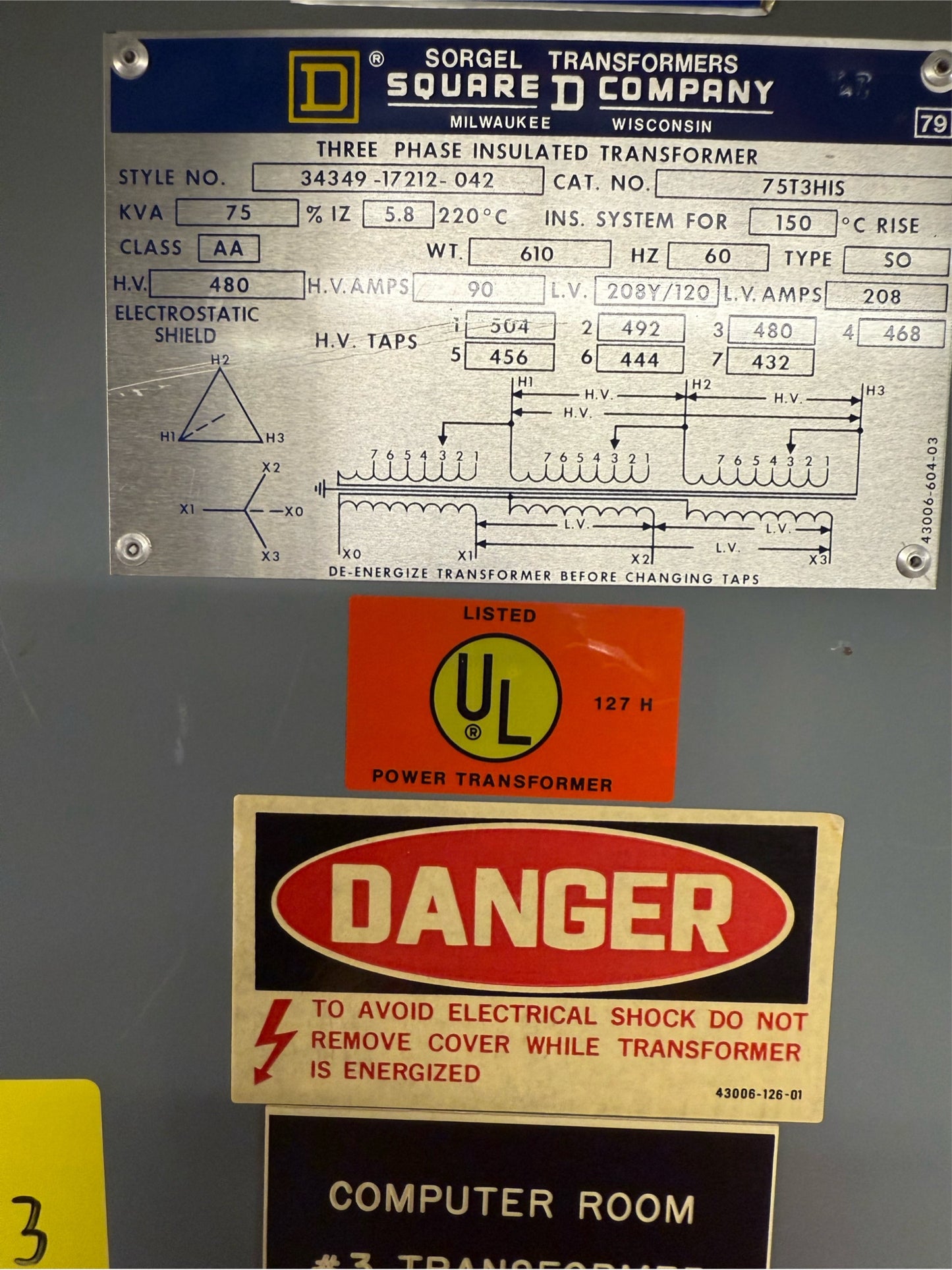 75KVA Square D Transformer 480v x 208Y/120v Cat.No. 75T3HIS