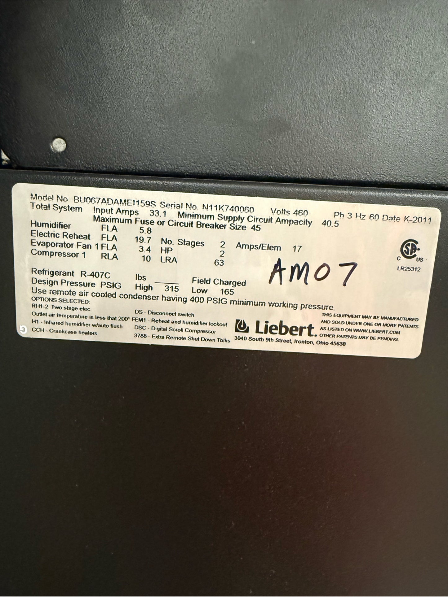 5 Ton Liebert BU067A DAMEI159S CRAC 3PH 460V Upflow 2011