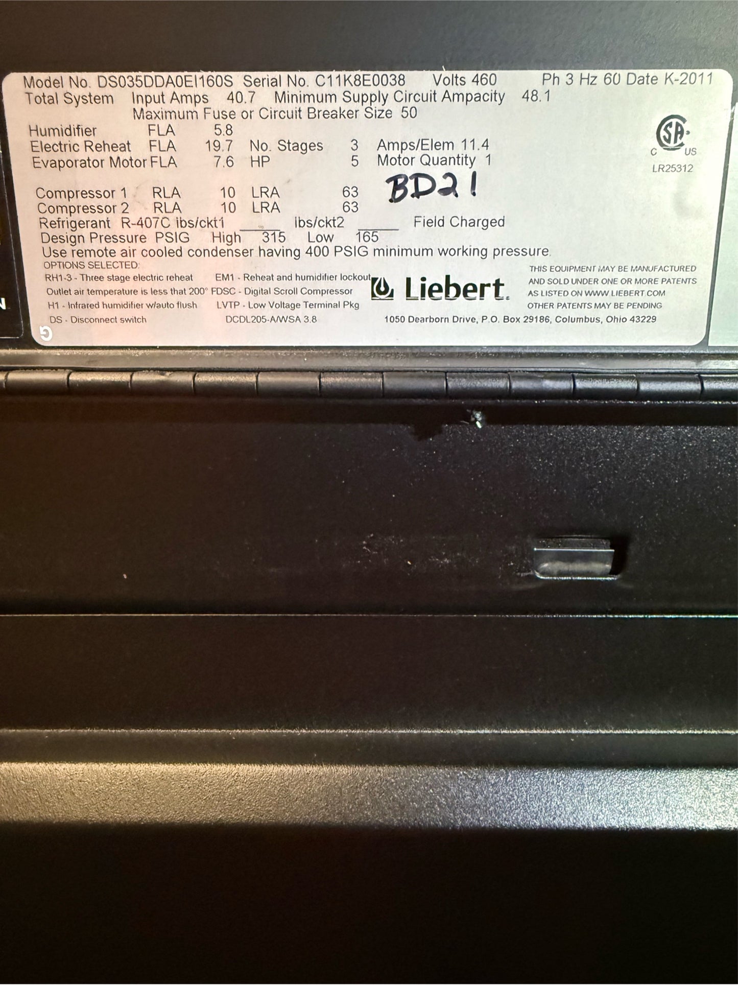 12 Ton Liebert CRAC DS035D 460V R407C '11
