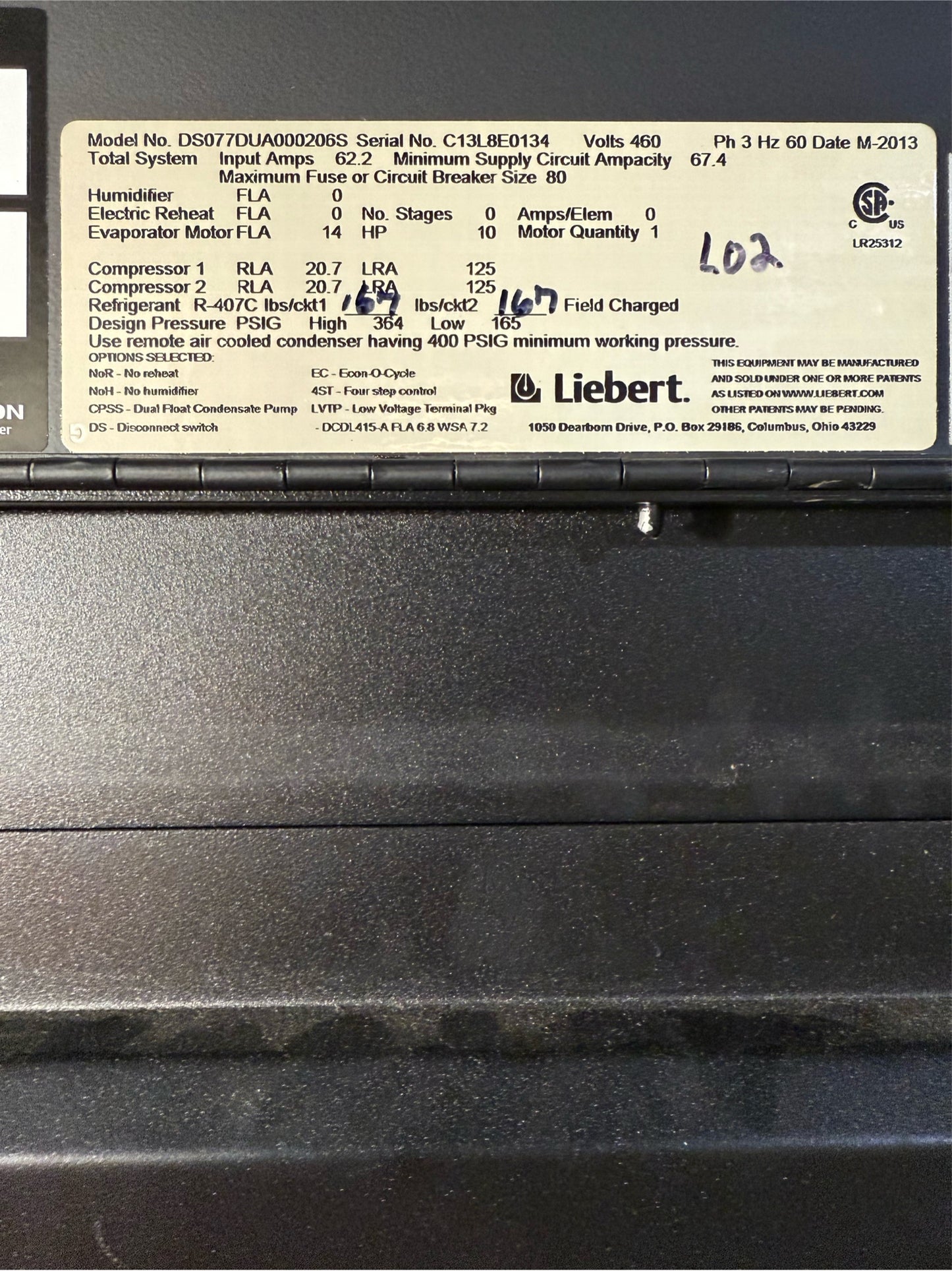 22 Ton Liebert CRAC DS077D 460V AC R407C '13