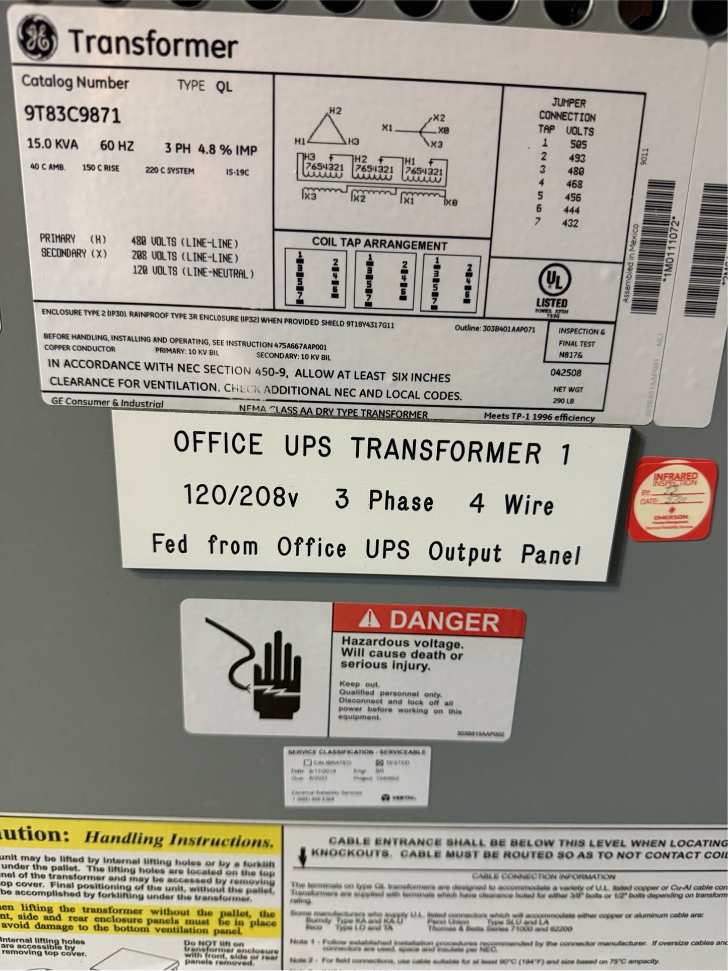 15KVA GE Dry Type Transformer 9T83C9871 3PH 480v x 208/120v