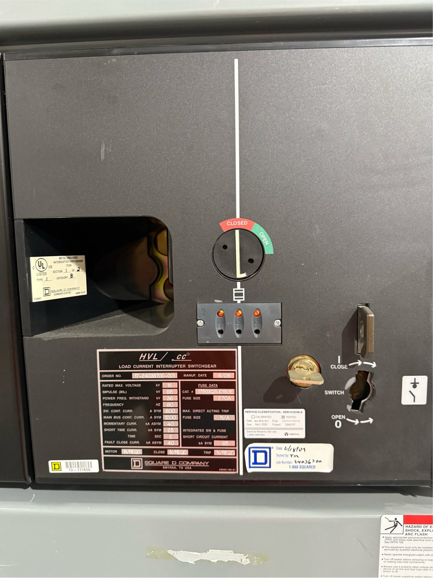 15KV Square D (HVL) Load interrupter Switchgear 270A 175GXOSJD1502