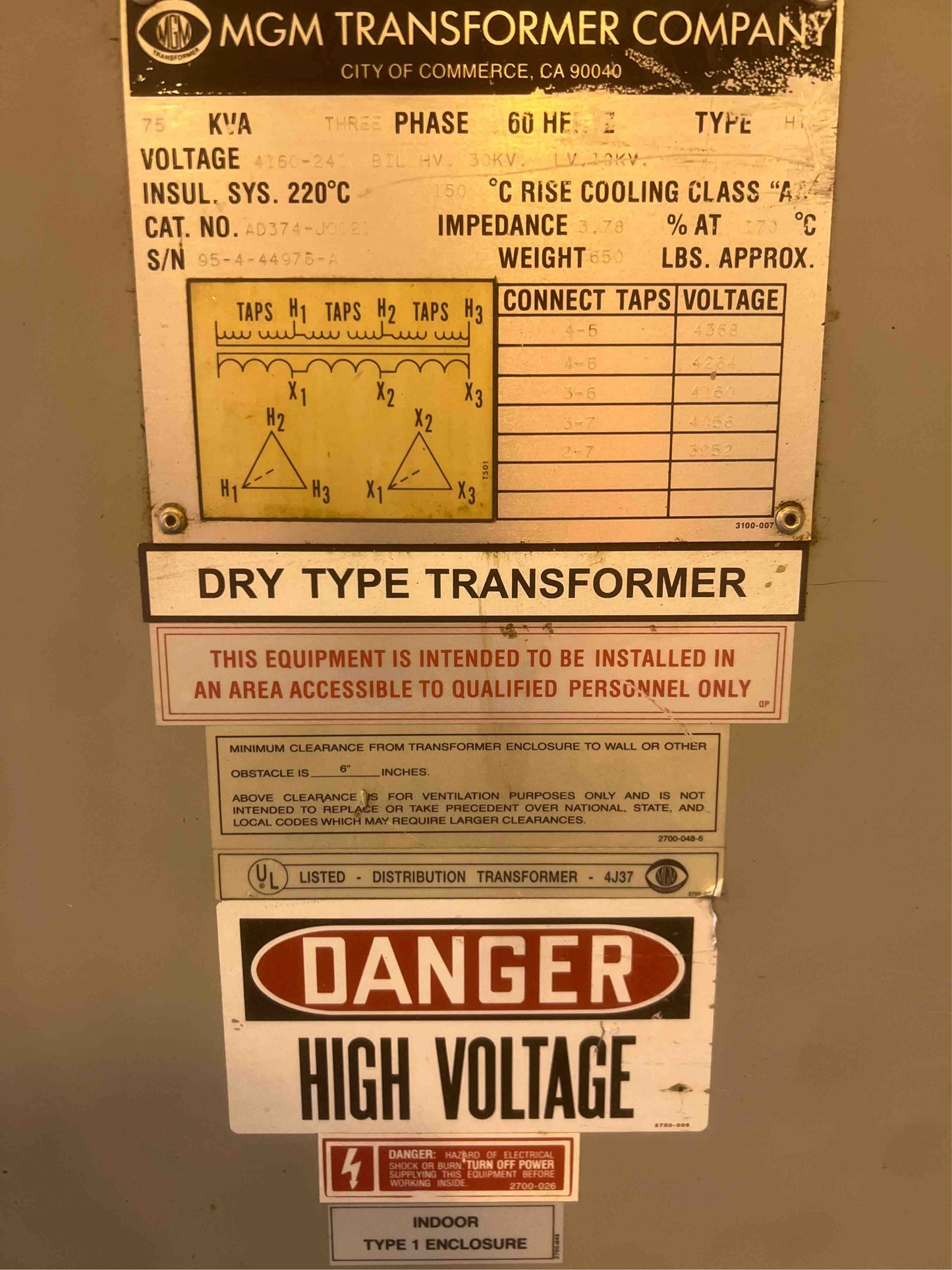75KVA MGM Dry Type Transformer 4160v x 240v(100521)