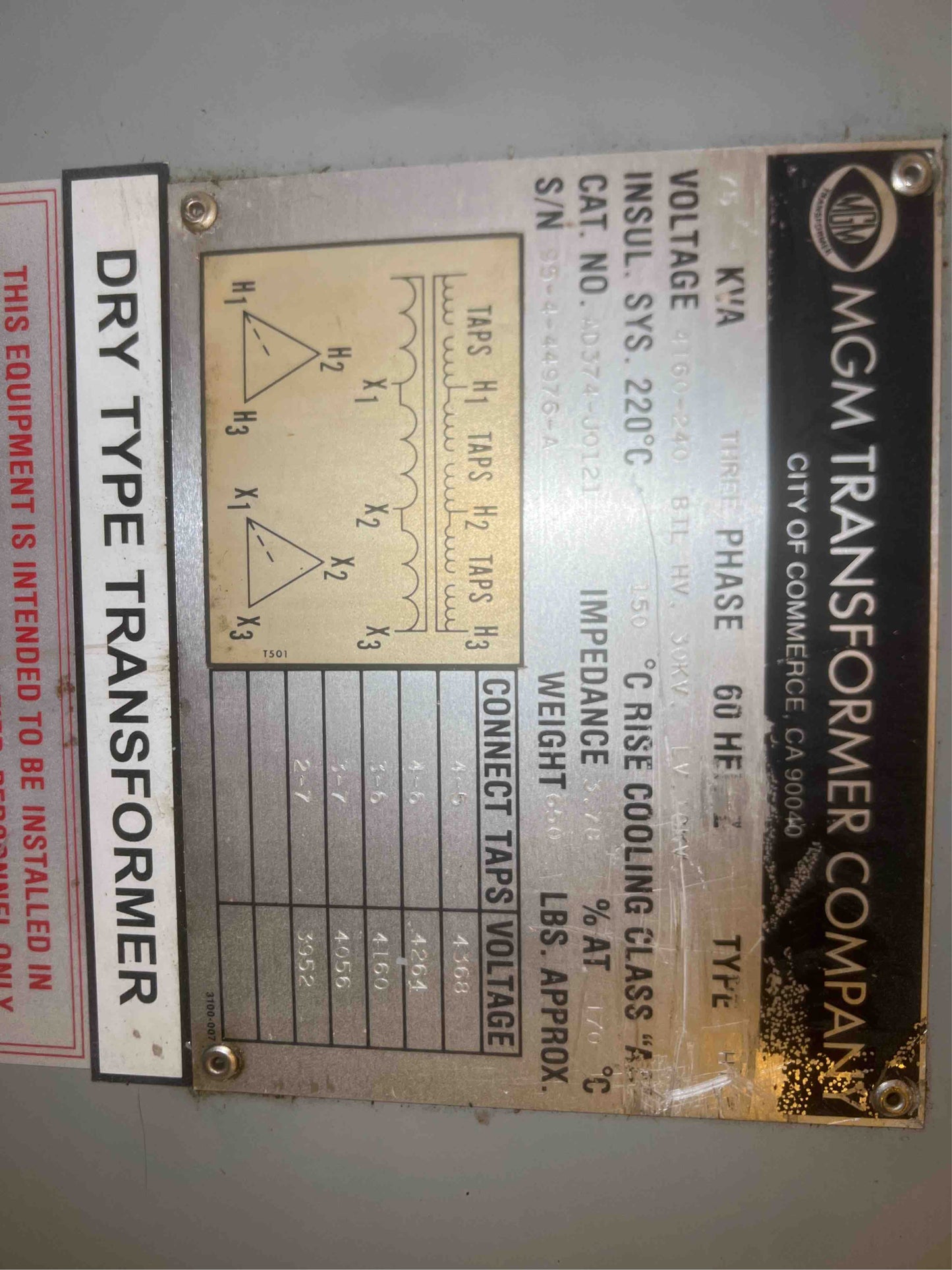 75KVA MGM Dry Type Transformer 4160v x 240v(100521)
