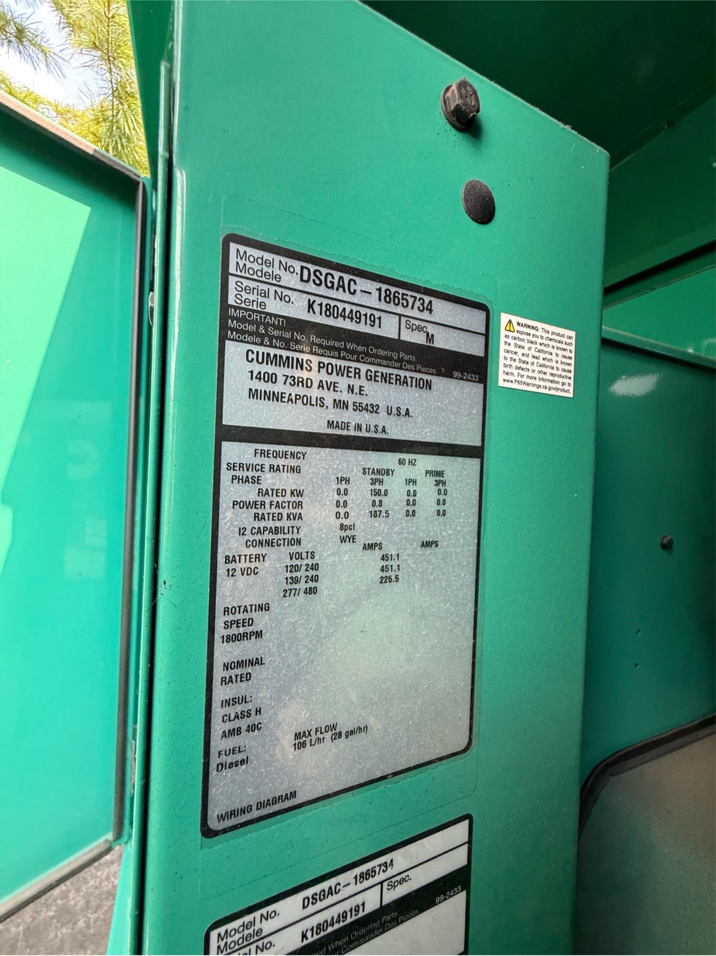 150KW Cummins Onan Diesel Generator 3PH DSGAC 2018 219hrs TESTED