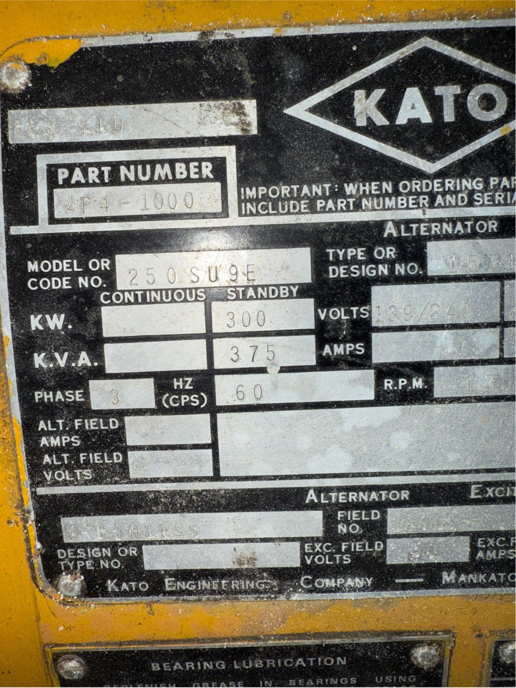 300KW Caterpillar KATO Diesel Generator SN69394 540Hrs(SKU: 110420)