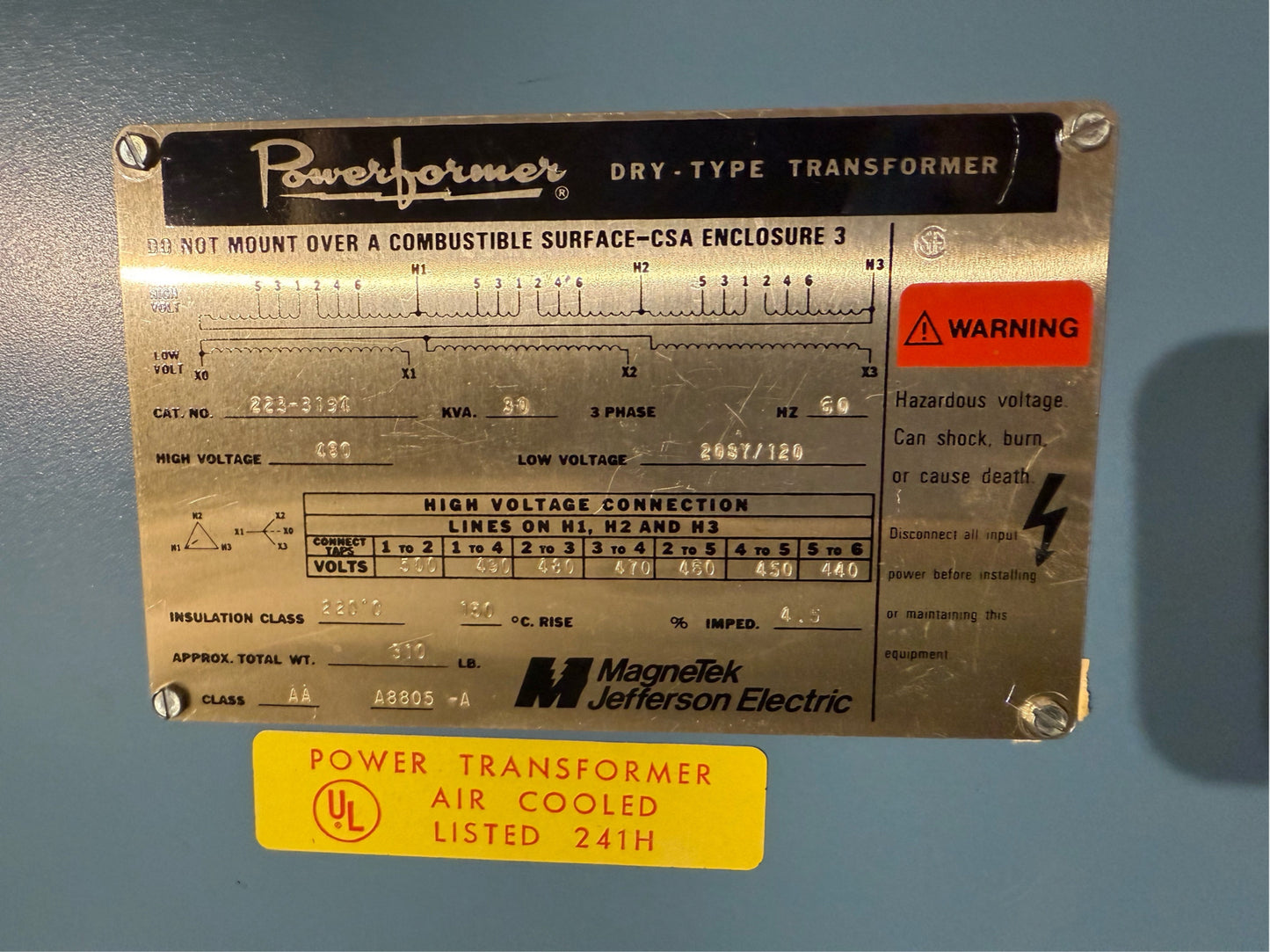 30KVA Powerformer Transformer 223-3194 3ph 480V x 208Y/120V (SKU: 110474)
