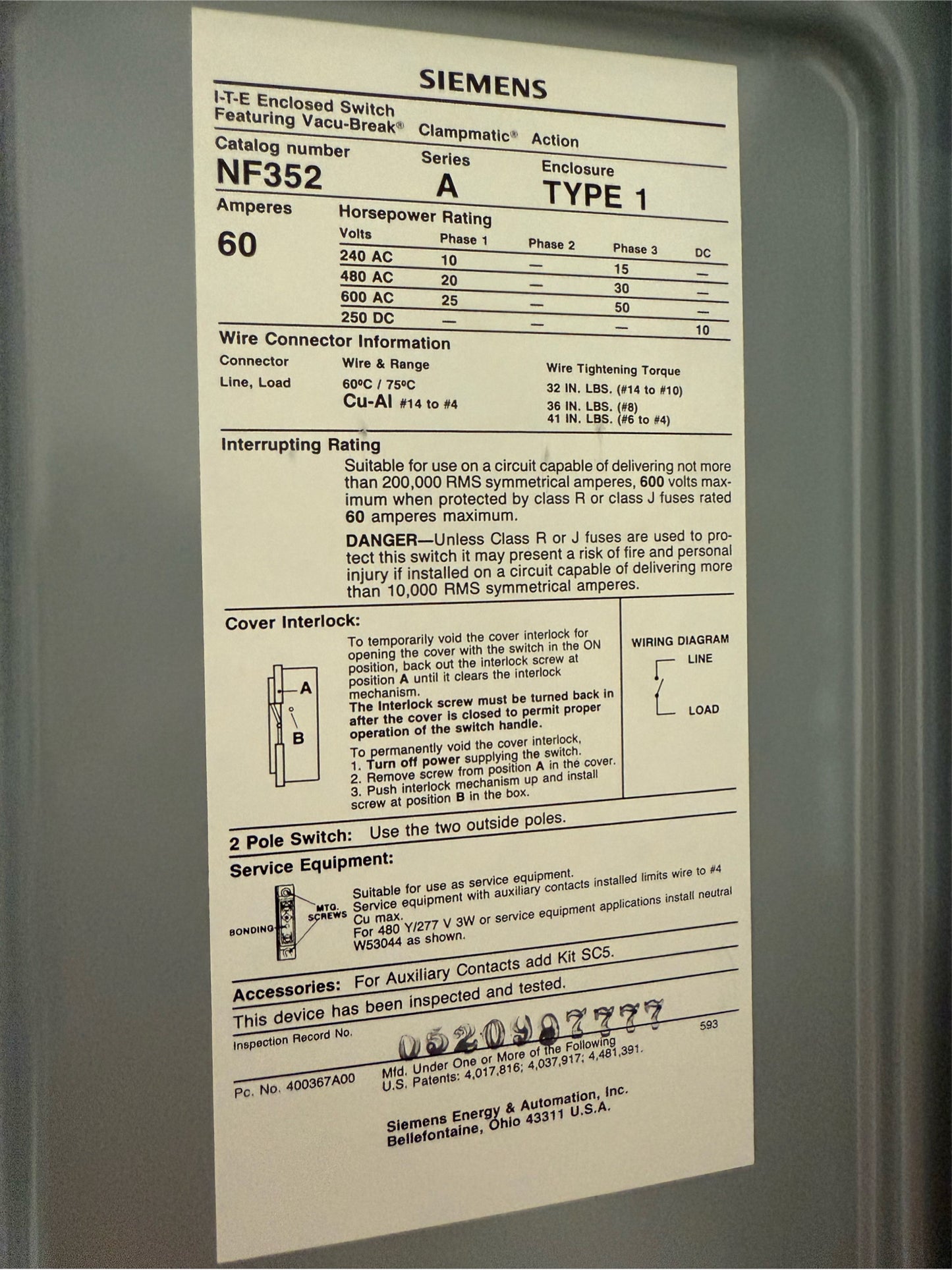 Siemens ITE Enclosed Switch 60A 600V 3PH NF352 (SKU: 110476)
