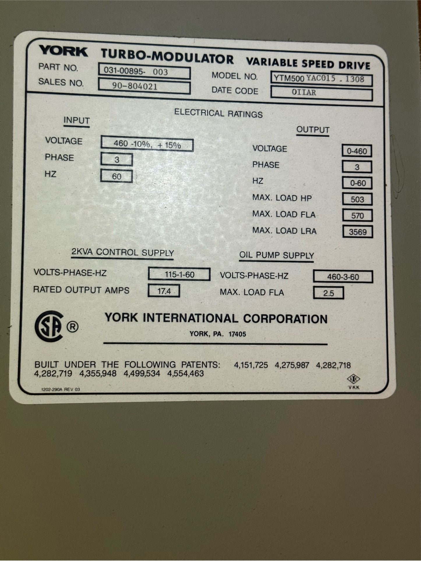 York Turbo-Modulator 3 pieces  Variable Speed Drive 450v 3PH 60hz YTM500YAC015-1308