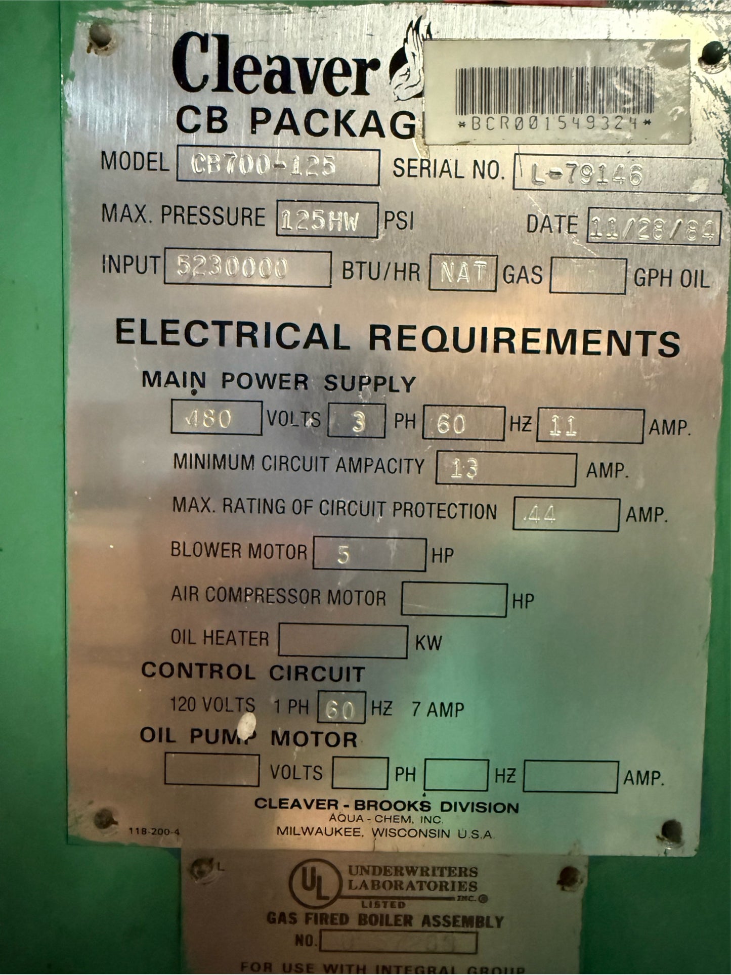 125HP Cleaver-Brooks CB700-125 Gas Fired Boiler Assembly 480V 11A 3PH U557263