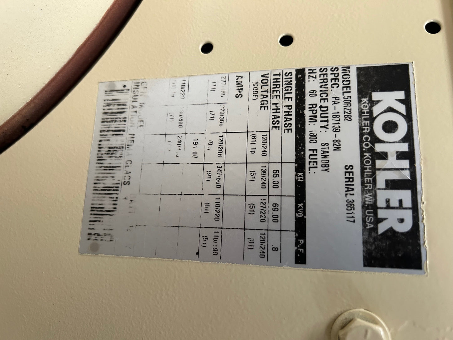 50KW KohlerGenerator 778 Hrs Natural Gas/LP 3PH 50RZ282 TESTED-17519