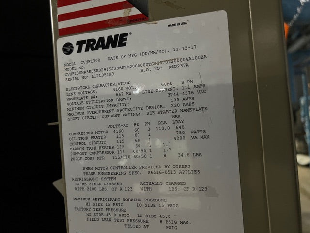 1200 Ton Trane Water Chillers CVHF1300 ’17 Good Working 15K/20K Hrs AUG Removal
