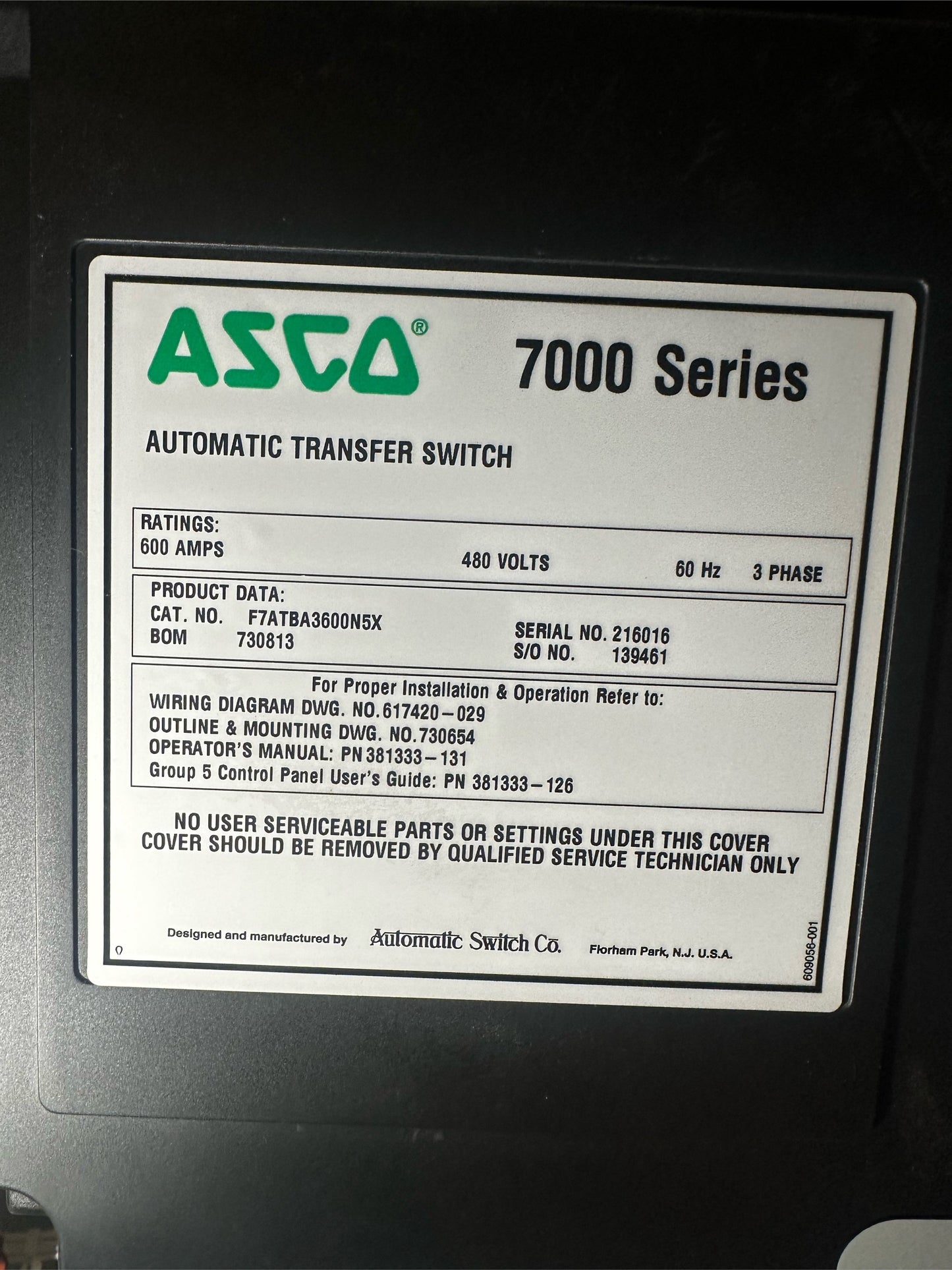 600A ASCO ATS 480V w/ 600A Service Entry Breaker(S6LLST1748)