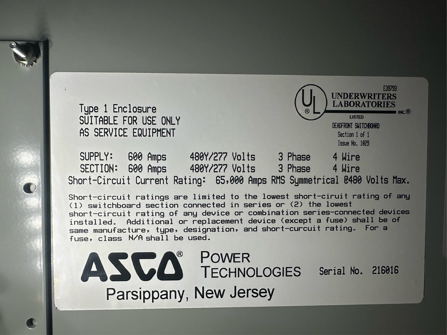 600A ASCO ATS 480V w/ 600A Service Entry Breaker(S6LLST1748)