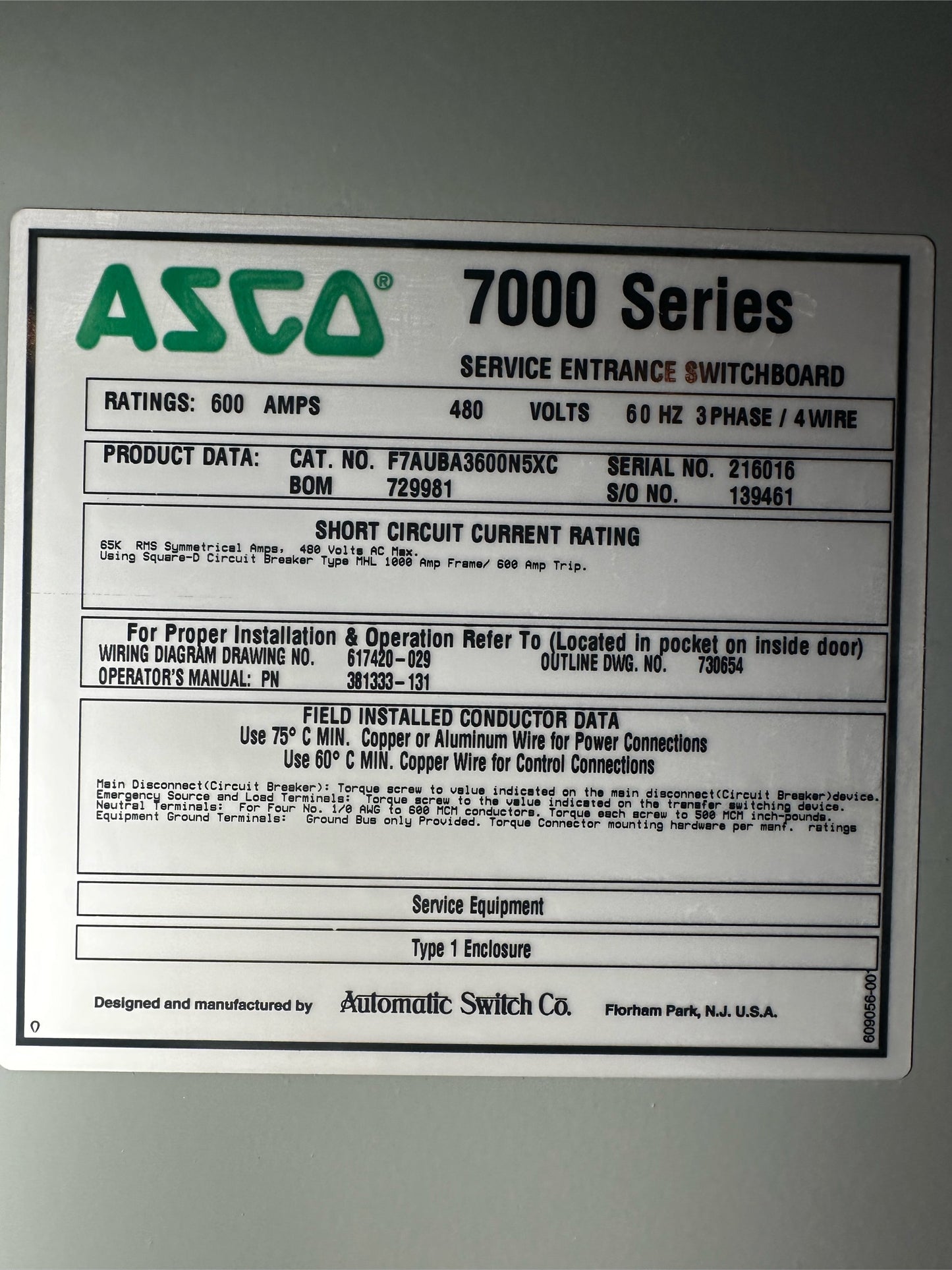 600A ASCO ATS 480V w/ 600A Service Entry Breaker(S6LLST1748)