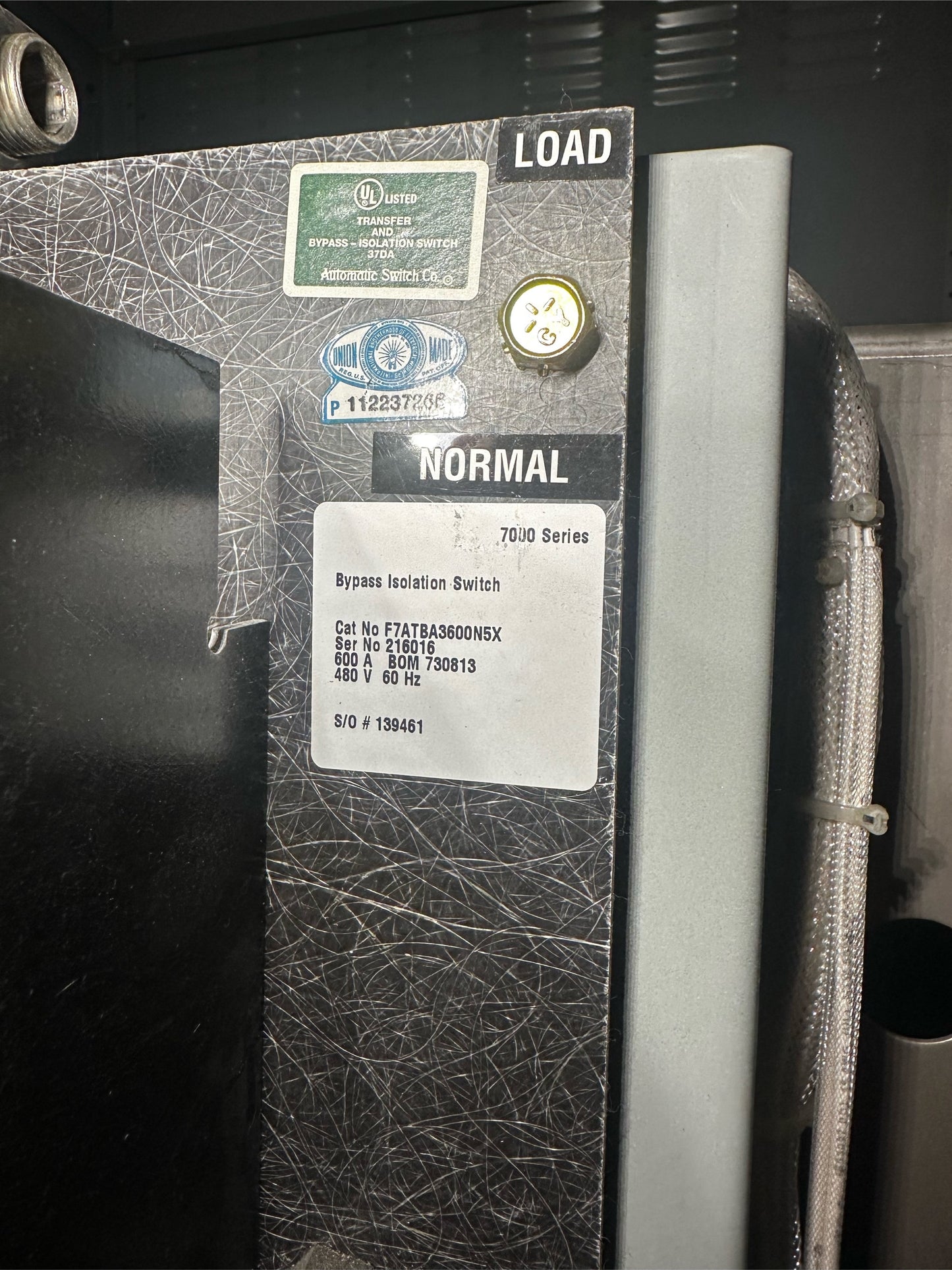 600A ASCO ATS 480V w/ 600A Service Entry Breaker(S6LLST1748)