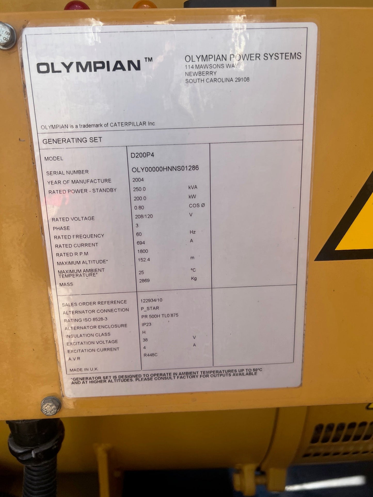 200KW Cat Olympian D200P4 DT530 International Diesel Generator '04 452hrs Tested