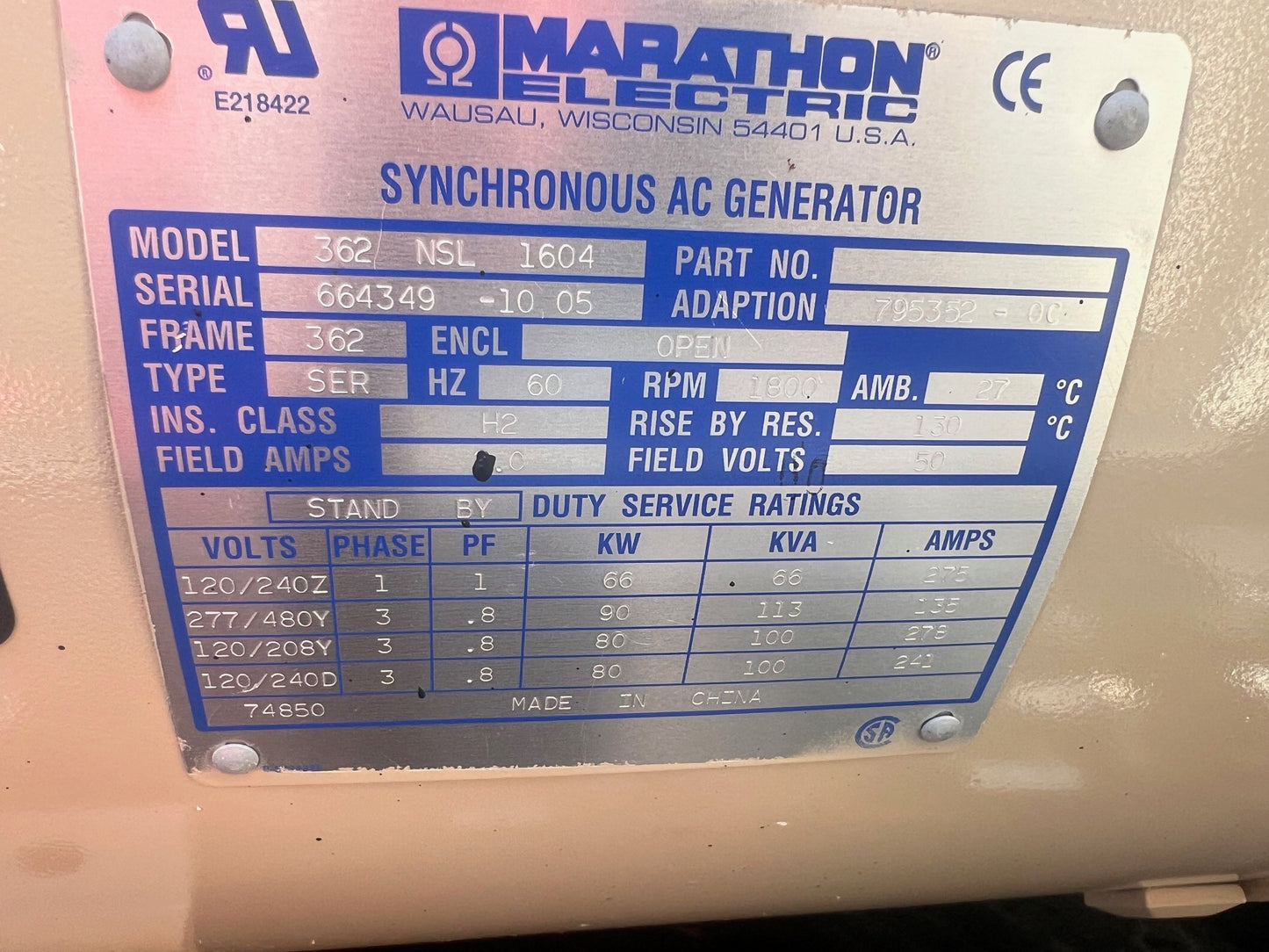 60KW Katolight 5030T John Deere Diesel Generator '05 312hrs Tested