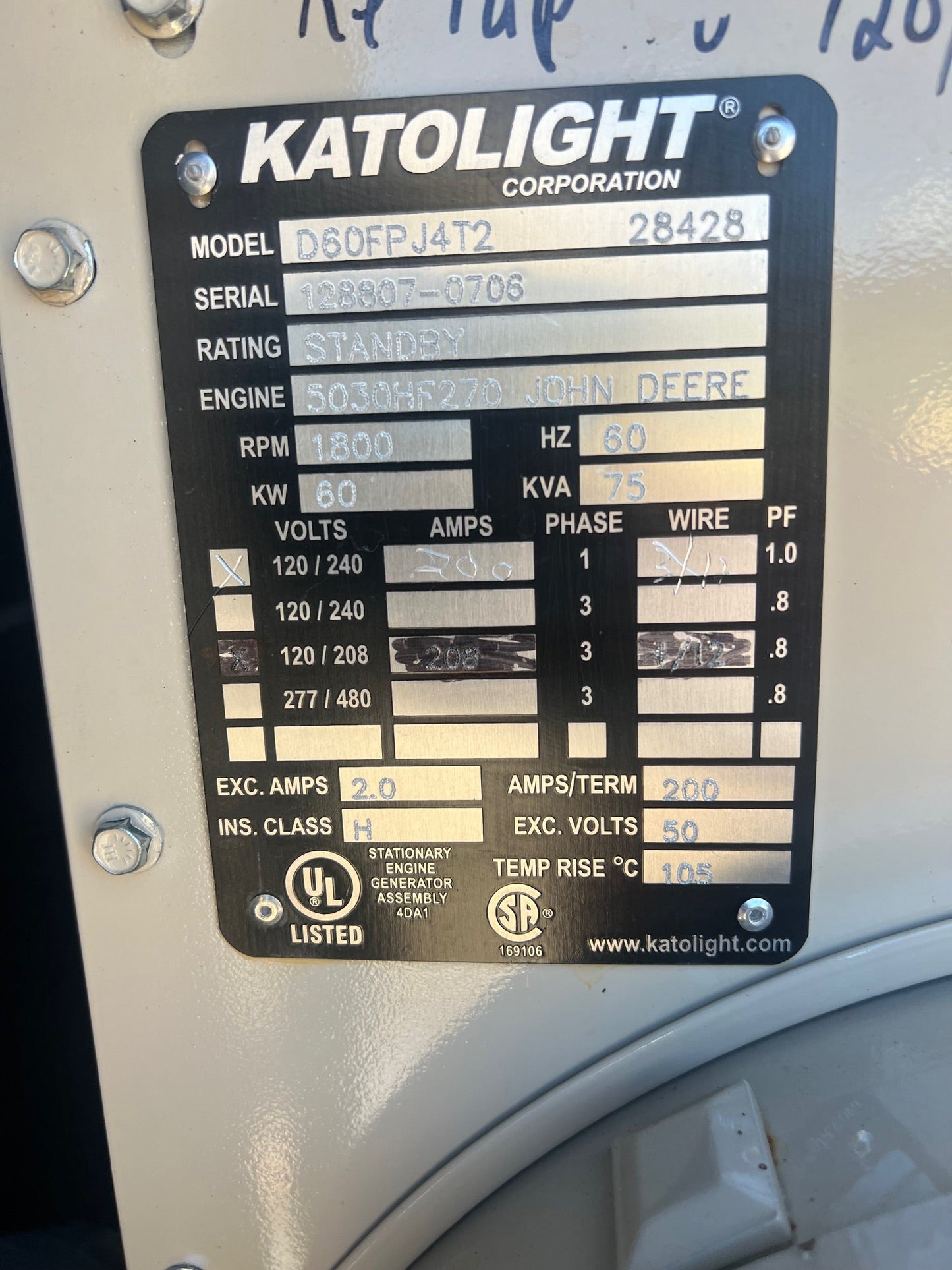 60KW Katolight 5030T John Deere Diesel Generator '05 312hrs Tested