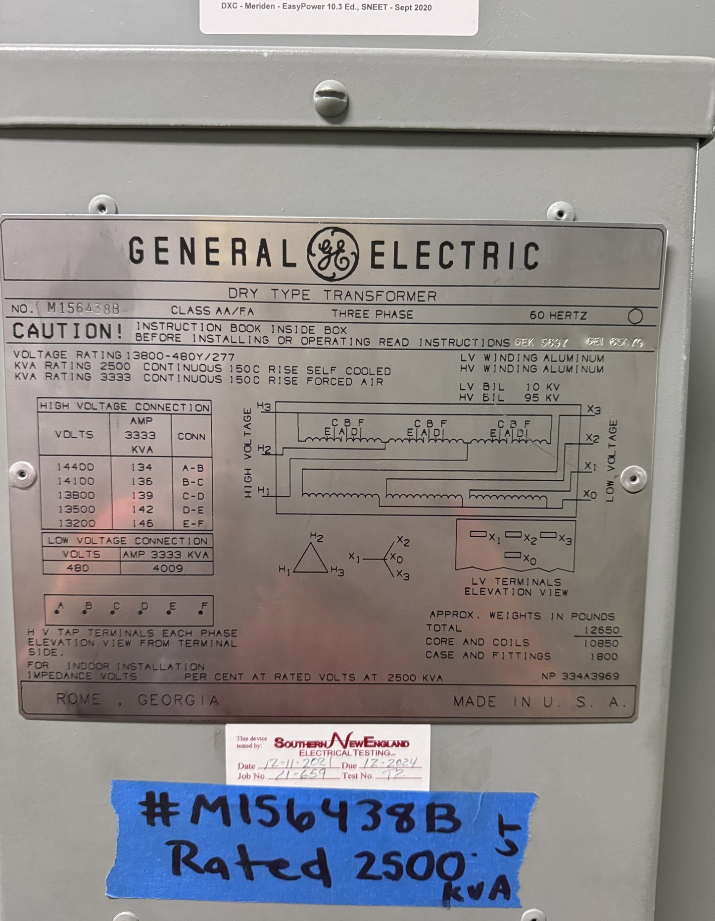 2500KVA GE Transformers 13800v x 480/277 Substation Dry Type Xfrmr #M156438B 2500KVA-CT 06450