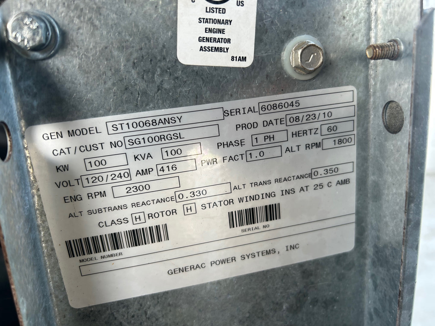 100KW Generac ST1006 NG/LP Generator 1ph 120/240V 89Hrs 2010