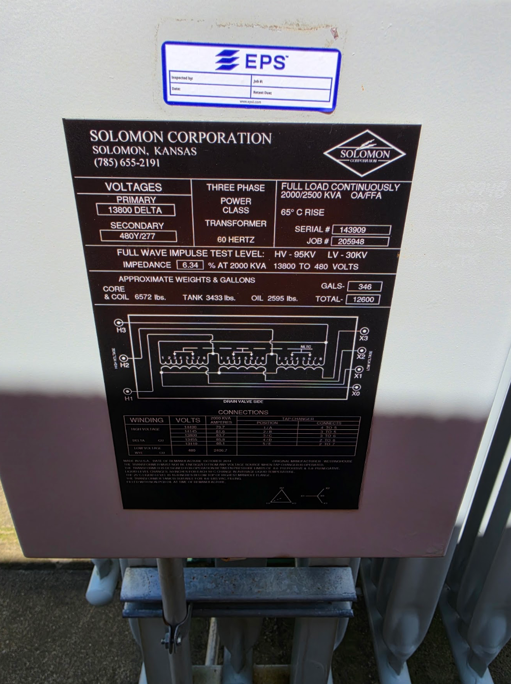Solomon Westinghouse 2000 2500 KVA Transformer 13800V Delta to 480Y/277V