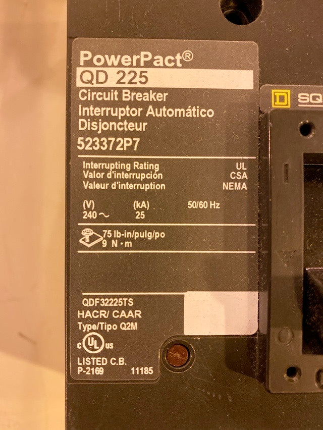 QD225 Circuit Breaker Square D 523372P7 225A(S6LLST1721)